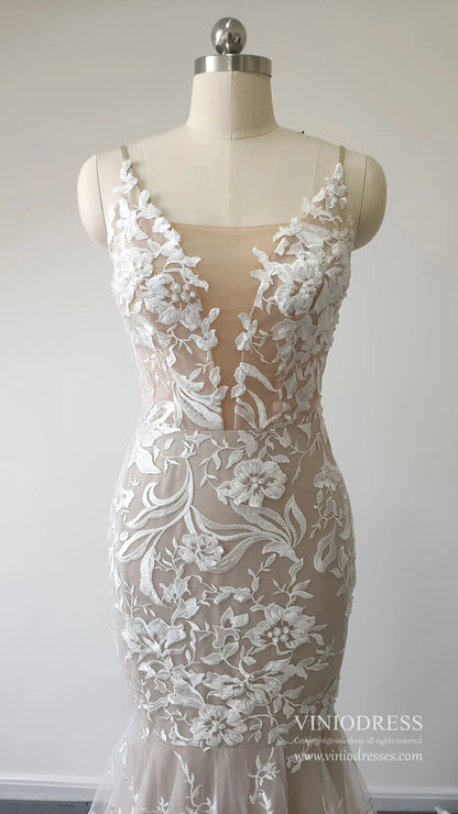 Sexy Mermaid Lace Wedding Dresses Deep V Neck Boho Wedding Dress VW1455-wedding dresses 2025 -Viniodress-Nude-Custom Size-