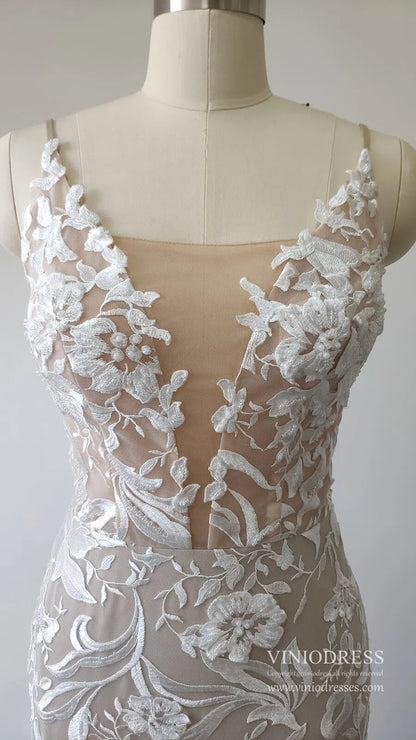 Sexy Mermaid Lace Wedding Dresses Deep V Neck Boho Wedding Dress VW1455-wedding dresses 2025 -Viniodress-Nude-Custom Size-
