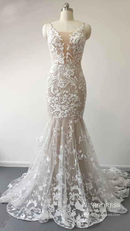 Sexy Mermaid Lace Wedding Dresses Deep V Neck Boho Wedding Dress VW1455-wedding dresses 2025 -Viniodress-Nude-Custom Size-