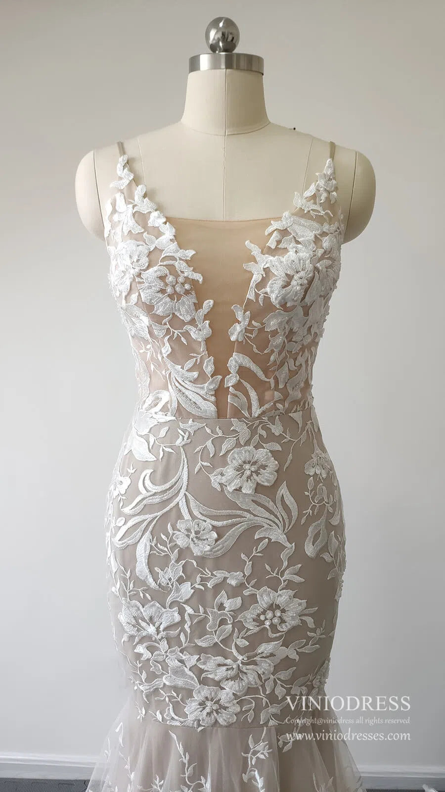 Sexy Mermaid Lace Wedding Dresses Deep V Neck Boho Wedding Dress VW1455-wedding dresses 2025 -Viniodress-Nude-Custom Size-