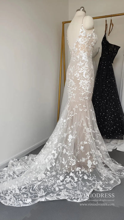 Sexy Mermaid Lace Wedding Dresses Deep V Neck Boho Wedding Dress VW1455-wedding dresses 2025 -Viniodress-Nude-Custom Size-