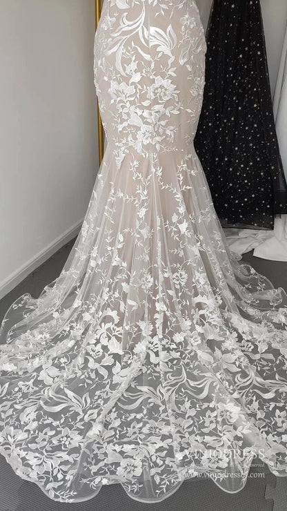 Sexy Mermaid Lace Wedding Dresses Deep V Neck Boho Wedding Dress VW1455-wedding dresses 2025 -Viniodress-Nude-Custom Size-