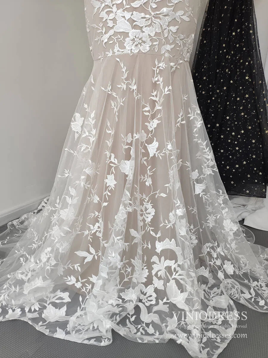 Sexy Mermaid Lace Wedding Dresses Deep V Neck Boho Wedding Dress VW1455-wedding dresses 2025 -Viniodress-Nude-Custom Size-