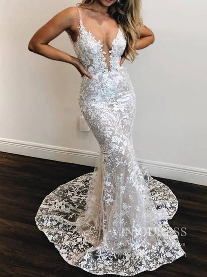 Sexy Mermaid Lace Wedding Dresses Deep V Neck Boho Wedding Dress VW1455-wedding dresses 2025 -Viniodress-Nude-Custom Size-