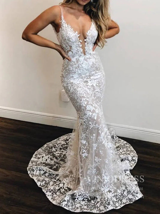 Sexy Mermaid Lace Wedding Dresses Deep V Neck Boho Wedding Dress VW1455-wedding dresses-Viniodress-Nude-Custom Size-Viniodress