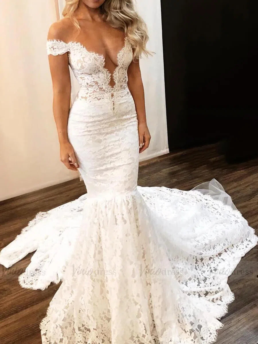 Sexy Mermaid Lace Wedding Dresses Off the Shoulder Bridal Dress VW1297-wedding dresses-Viniodress-Viniodress