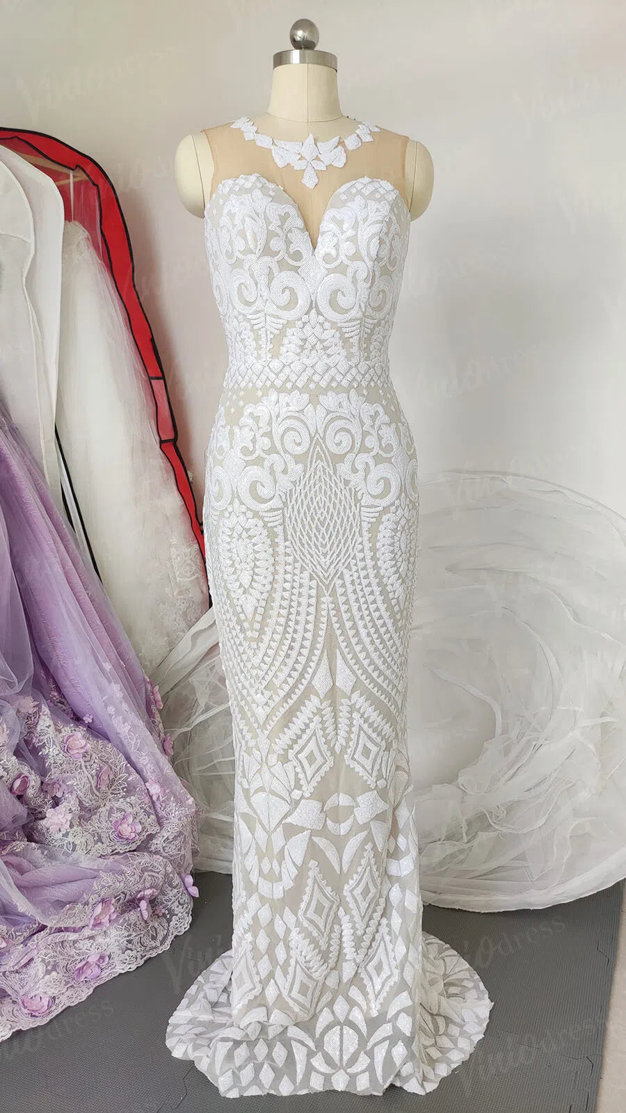 Sexy Mermaid Wedding Dress Geometric Sequin Lace Gown with Illusion Neckline & Button-Up Back VW1416-wedding dresses 2025 -Viniodress-Ivory-Custom Size-