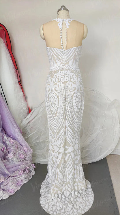 Sexy Mermaid Wedding Dress Geometric Sequin Lace Gown with Illusion Neckline & Button-Up Back VW1416-wedding dresses 2025 -Viniodress-Ivory-Custom Size-
