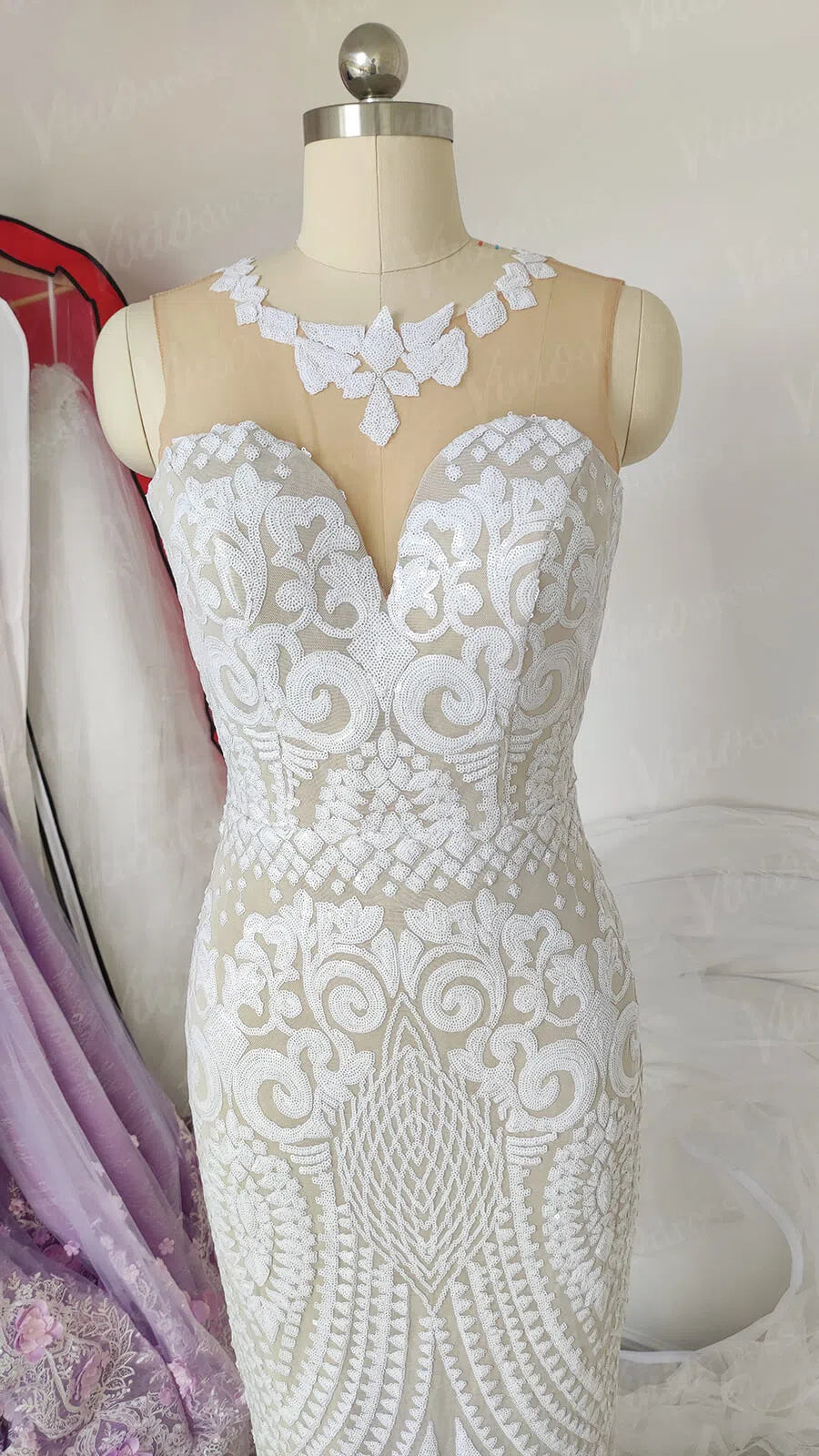 Sexy Mermaid Wedding Dress Geometric Sequin Lace Gown with Illusion Neckline & Button-Up Back VW1416-wedding dresses 2025 -Viniodress-Ivory-Custom Size-