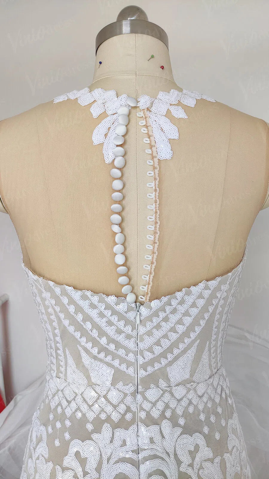 Sexy Mermaid Wedding Dress Geometric Sequin Lace Gown with Illusion Neckline & Button-Up Back VW1416-wedding dresses 2025 -Viniodress-Ivory-Custom Size-