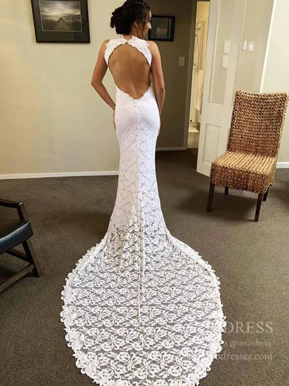 Sexy Open Back Mermaid Lace Boho Wedding Dresses with Slit VW1396-wedding dresses 2025 -Viniodress-Ivory-Custom Size-