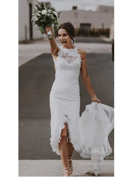 Sexy Open Back Mermaid Lace Boho Wedding Dresses with Slit VW1396-wedding dresses 2025 -Viniodress-Ivory-Custom Size-