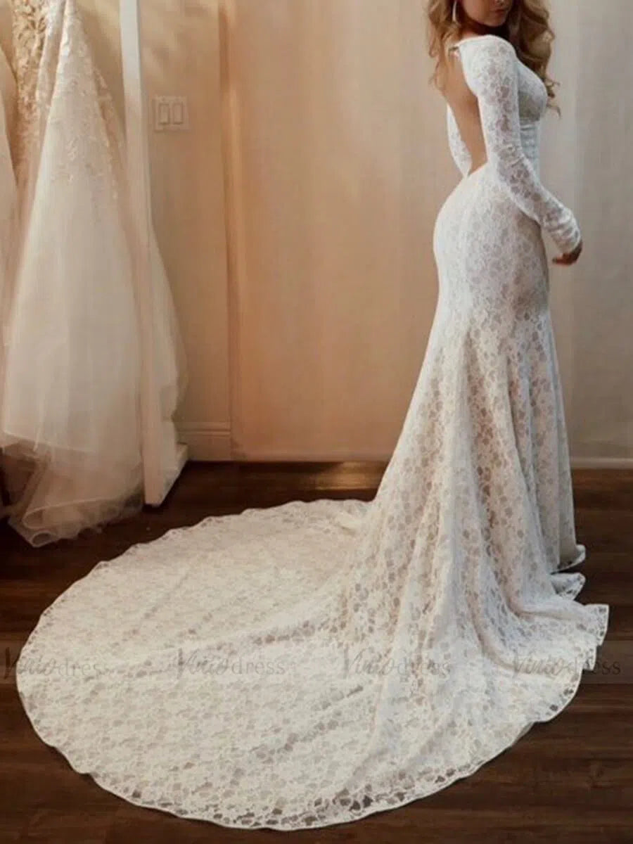 Sexy Open Back Mermaid Lace Wedding Dresses with Long Sleeves VW1305-wedding dresses-Viniodress-As Picture-Custom Size-Viniodress