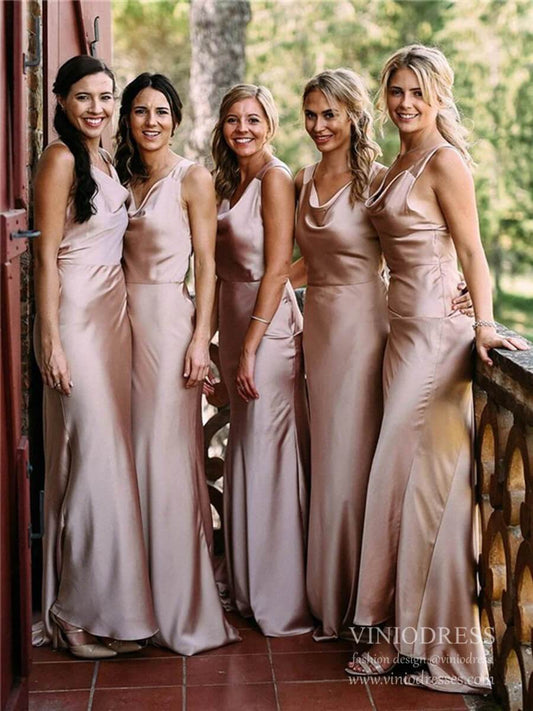 Sexy Rose Gold Satin Mermaid Bridesmaid Dresses Cowl Neck VB1040-bridesmaid dresses 2025 -Viniodress-Rose Gold-Custom Size-