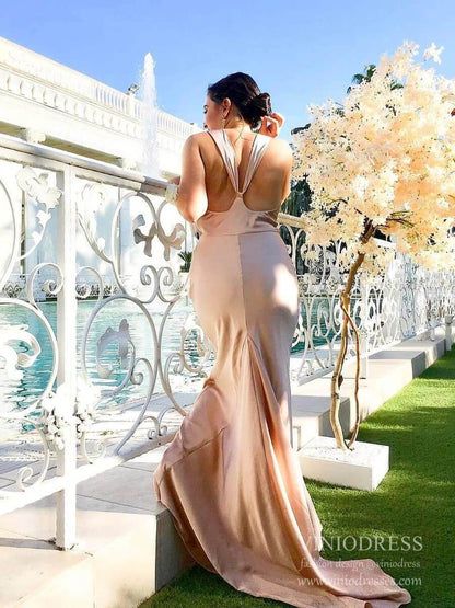 Sexy Rose Gold Satin Mermaid Bridesmaid Dresses Cowl Neck VB1040-bridesmaid dresses 2025 -Viniodress-Rose Gold-Custom Size-