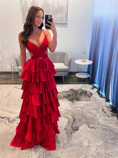 Sexy Satin Prom Dresses with Spaghetti Strap, Crossed Pleated Bodice, Ruffled Bottom - FD3743-prom dresses 2025 -Viniodress-Red-Custom Size-