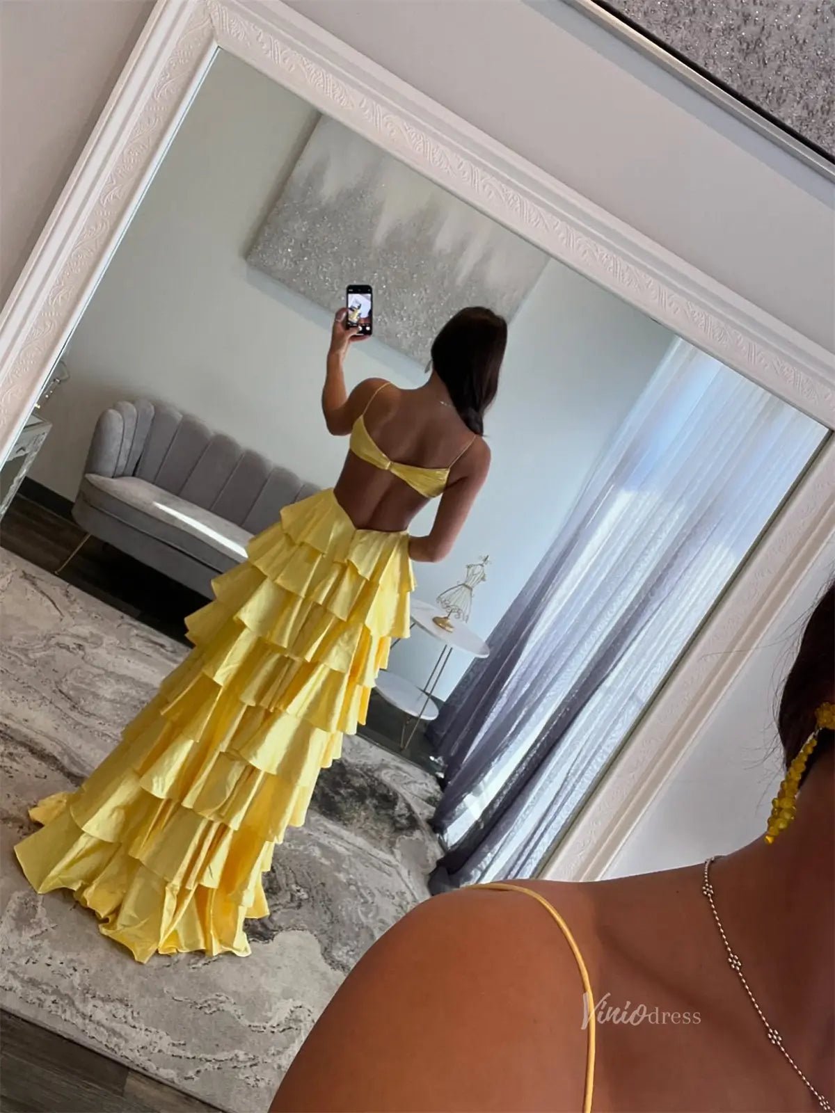 Sexy Satin Prom Dresses with Spaghetti Strap, Crossed Pleated Bodice, Ruffled Bottom - FD3743-prom dresses 2025 -Viniodress-Yellow-Custom Size-