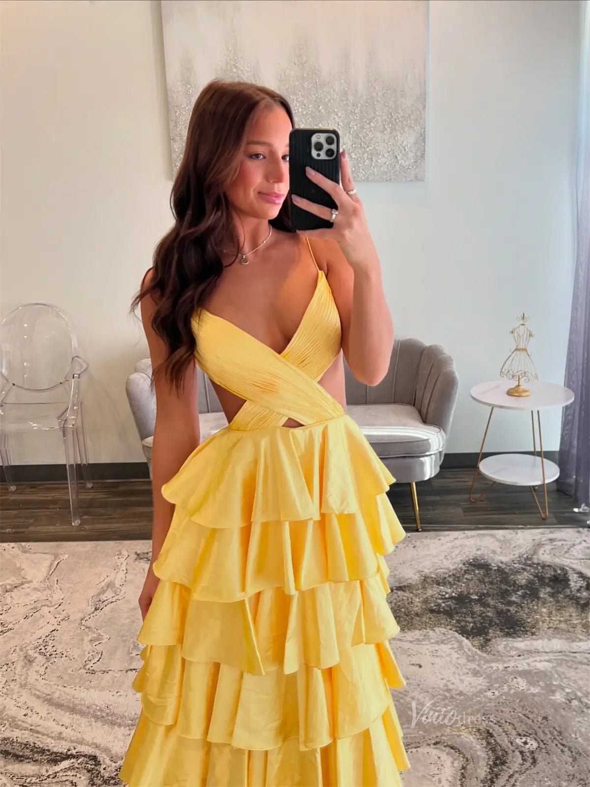 Sexy Satin Prom Dresses with Spaghetti Strap, Crossed Pleated Bodice, Ruffled Bottom - FD3743-prom dresses 2025 -Viniodress-Yellow-Custom Size-