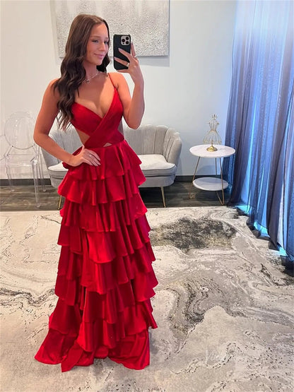 Sexy Satin Prom Dresses with Spaghetti Strap, Crossed Pleated Bodice, Ruffled Bottom - FD3743-prom dresses 2025 -Viniodress-Yellow-Custom Size-