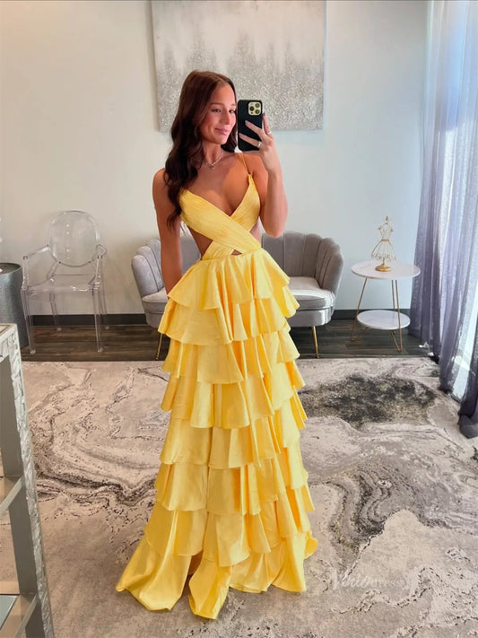 Sexy Satin Prom Dresses with Spaghetti Strap, Crossed Pleated Bodice, Ruffled Bottom - FD3743-prom dresses 2025 -Viniodress-Yellow-Custom Size-