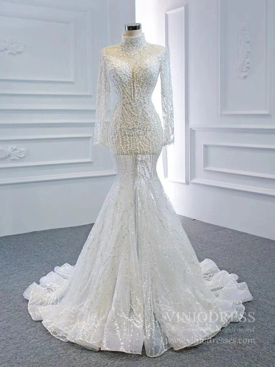 Sexy See Through Mermaid Wedding Dresses with Long Sleeves 67140-wedding dresses-Viniodress-Ivory-Custom Size-Viniodress