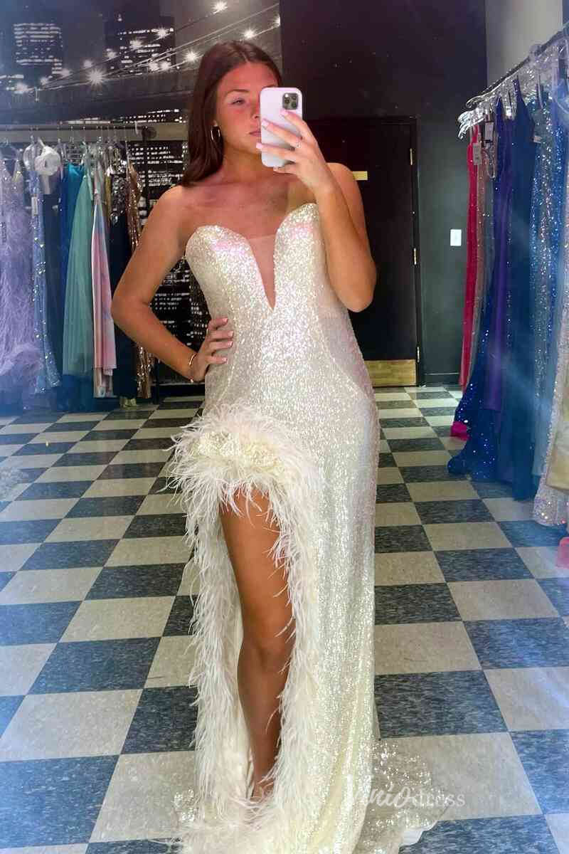 Sexy Sequin Mermaid Prom Dresses Feather High Slit Sweetheart Neck FD4095 - Viniodressprom dressesIvoryCustom Size - Formal Dresses - Ball Gowns