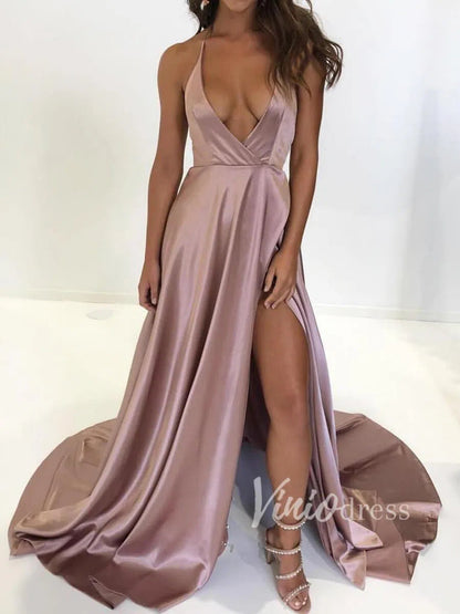 Sexy Spaghetti Strap V Neck Satin Prom Dresses with Slit FD1366-prom dresses 2025 -Viniodress-Nude-US 2-