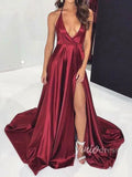 Sexy Spaghetti Strap V Neck Satin Prom Dresses with Slit FD1366-prom dresses-Viniodress-Burgundy-US 2-Viniodress