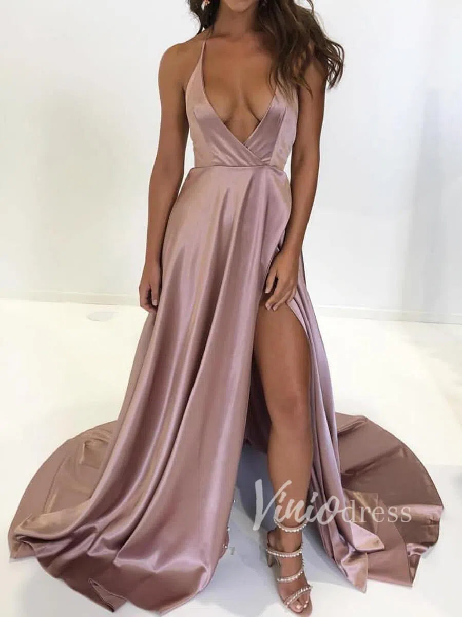 Sexy Spaghetti Strap V Neck Satin Prom Dresses with Slit FD1366-prom dresses-Viniodress-Nude-US 2-Viniodress