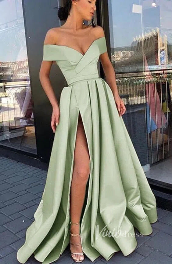 Sexy Thigh Split Light Blue Satin Prom Dresses with Pockets FD1826B-prom dresses-Viniodress-Light Green-Custom Size-Viniodress