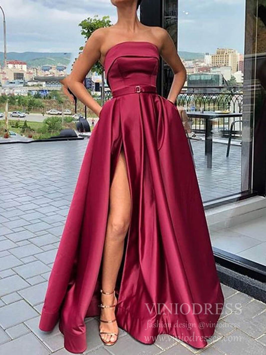 Sexy Thigh Split Strapless Burgundy Satin Prom Dresses with Pockets FD1034-prom dresses 2025 -Viniodress-Burgundy-Custom Size-
