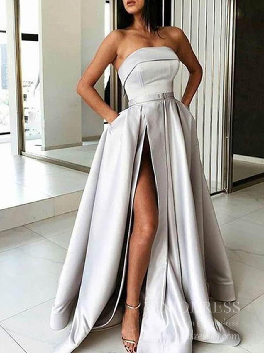 Sexy Thigh Split Strapless Burgundy Satin Prom Dresses with Pockets FD Viniodress Sexy Thigh Split Strapless Burgundy Satin Prom Dresses with Pockets FD Viniodress