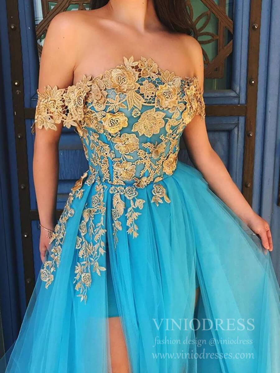 Sexy Turquoise Long Prom Dresses with Slit Off the Shoulder Formal Dress FD1787-prom dresses 2025 -Viniodress-Blue-Custom Size-