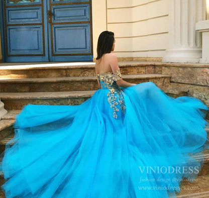 Sexy Turquoise Long Prom Dresses with Slit Off the Shoulder Formal Dress FD1787-prom dresses 2025 -Viniodress-Blue-Custom Size-