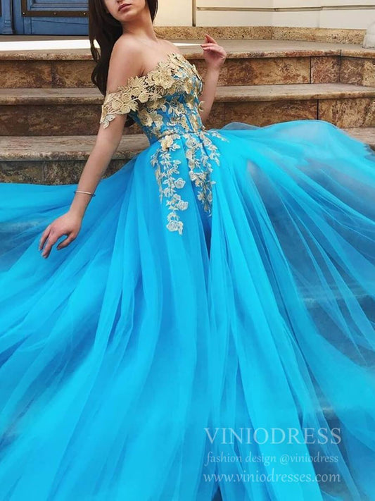 Sexy Turquoise Long Prom Dresses with Slit Off the Shoulder Formal Dress FD1787-prom dresses 2025 -Viniodress-Blue-Custom Size-