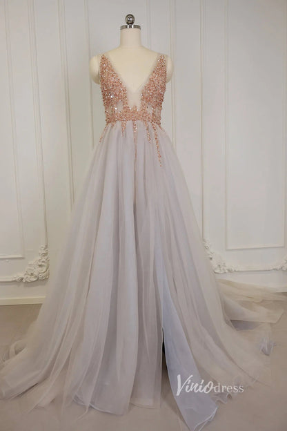 Champagne V-neck Formal Dresses Beading Sexy Prom Dress Viniodress FD1293-prom dresses 2025 -Viniodress-Champagne-Custom Size-