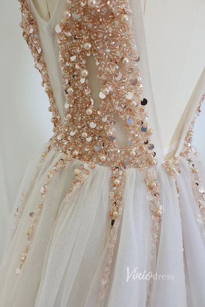 Champagne V-neck Formal Dresses Beading Sexy Prom Dress Viniodress FD1293-prom dresses 2025 -Viniodress-Grey-Custom Size-