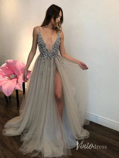 Champagne V-neck Formal Dresses Beading Sexy Prom Dress Viniodress FD1293-prom dresses 2025 -Viniodress-Grey-Custom Size-