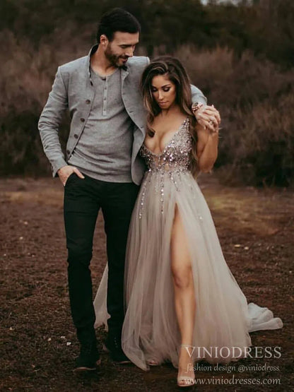 Champagne V-neck Formal Dresses Beading Sexy Prom Dress Viniodress FD1293-prom dresses 2025 -Viniodress-Grey-Custom Size-