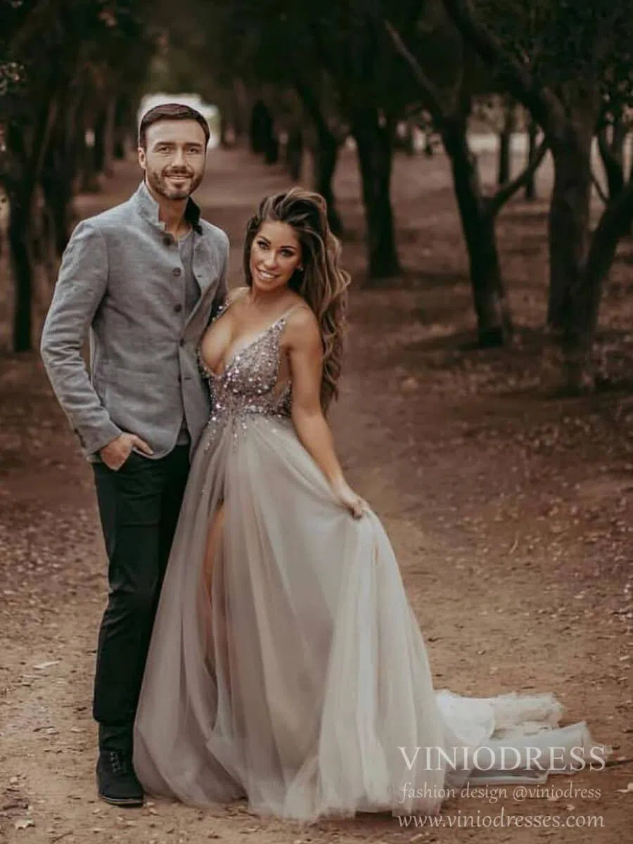 Champagne V-neck Formal Dresses Beading Sexy Prom Dress Viniodress FD1293-prom dresses 2025 -Viniodress-Grey-Custom Size-