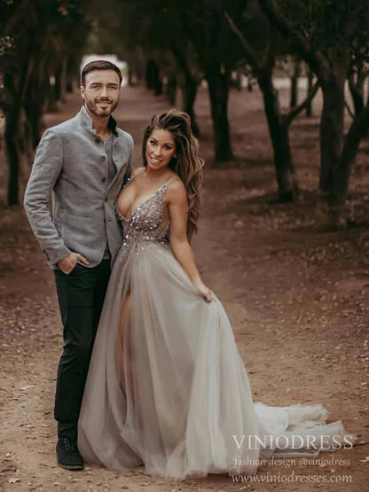 Champagne V-neck Formal Dresses Beading Sexy Prom Dress Viniodress FD1293-prom dresses 2025 -Viniodress-Grey-Custom Size-