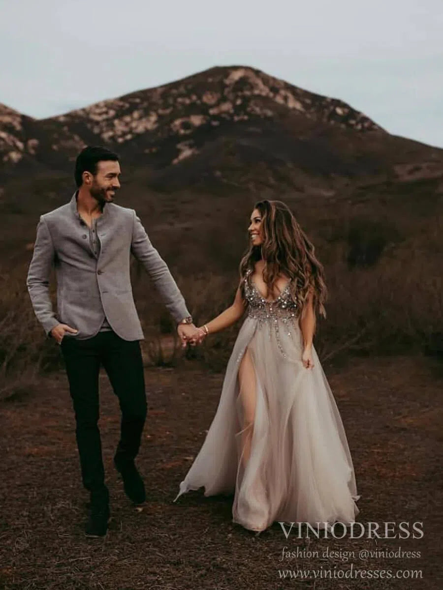 Champagne V-neck Formal Dresses Beading Sexy Prom Dress Viniodress FD1293-prom dresses 2025 -Viniodress-Grey-Custom Size-