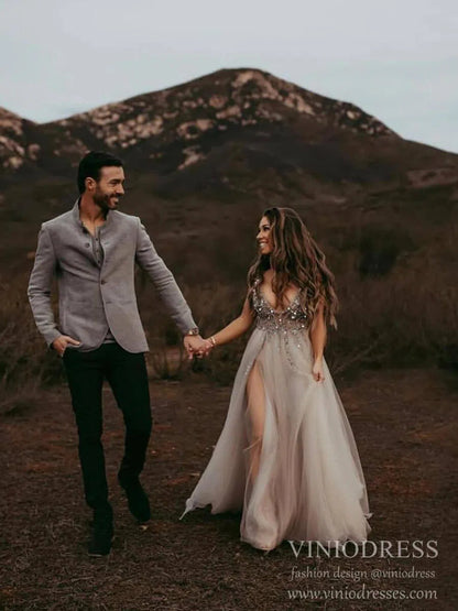 Champagne V-neck Formal Dresses Beading Sexy Prom Dress Viniodress FD1293-prom dresses 2025 -Viniodress-Grey-Custom Size-