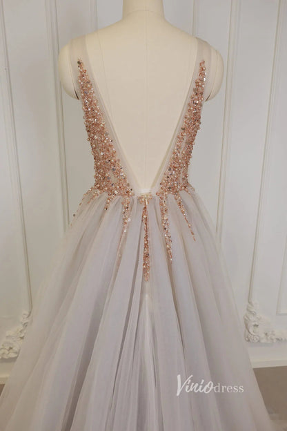 Champagne V-neck Formal Dresses Beading Sexy Prom Dress Viniodress FD1293-prom dresses 2025 -Viniodress-Grey-Custom Size-