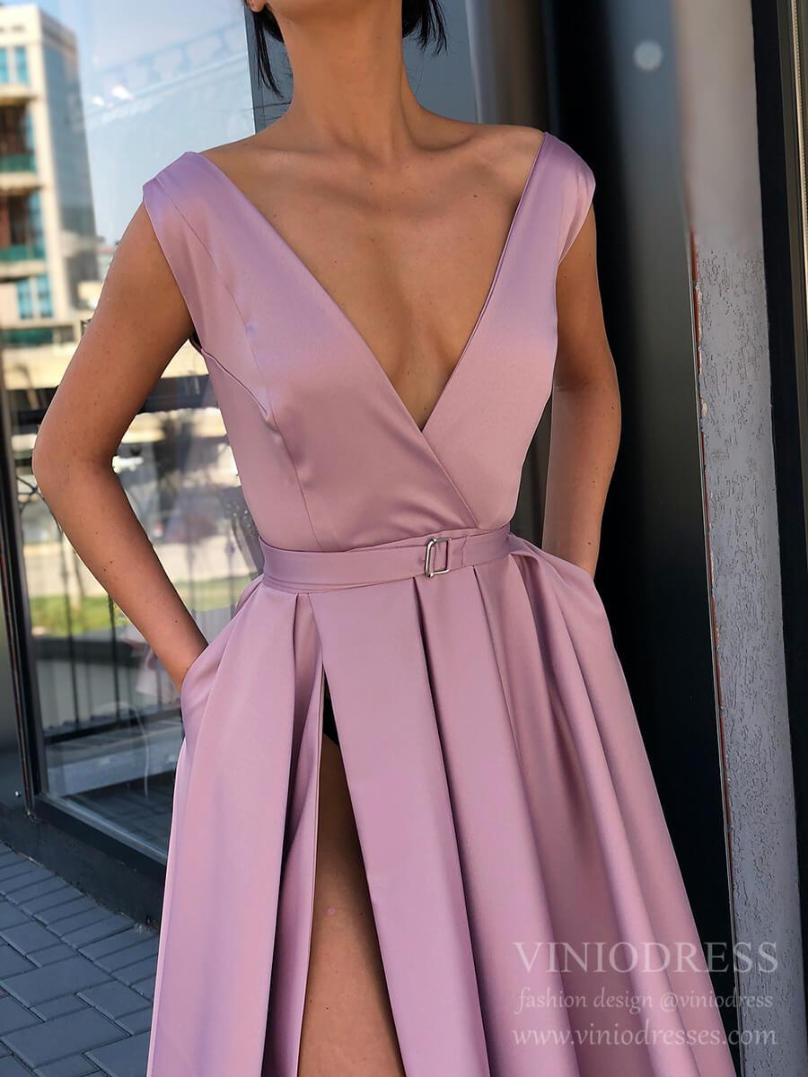 Sexy V-neck Dusty Rose Satin Prom Dresses with Pockets FD2271-prom dresses 2025 -Viniodress-Dusty Rose-Custom Size-