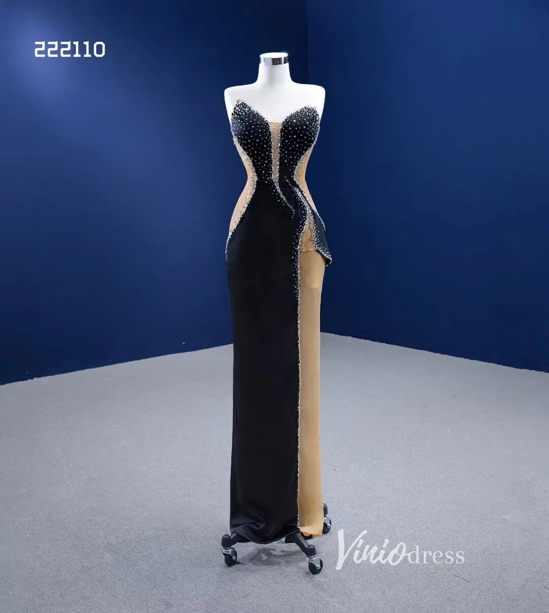 Sheath Black Formal Dresses Beaded Satin Pageant Gown 222110-prom dresses 2025 -Viniodress-Black-Custom Size-