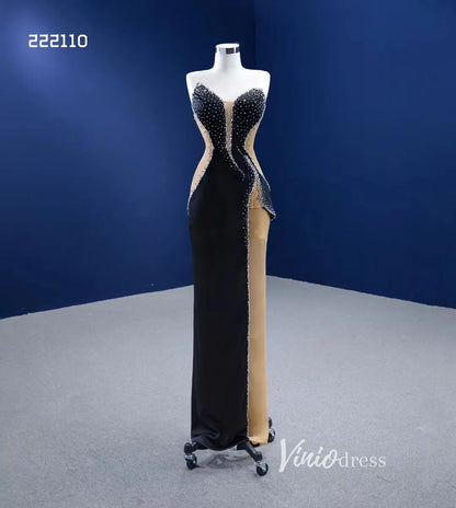 Sheath Black Formal Dresses Beaded Satin Pageant Gown 222110-prom dresses 2025 -Viniodress-Black-Custom Size-