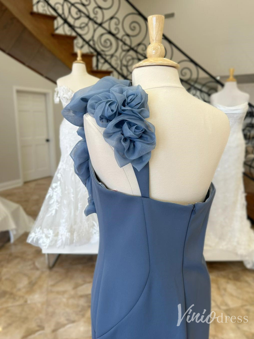 Sheath Dusty Blue Evening Dress with Flower Shoulder – FD6132-prom dresses 2025 -Viniodress-Blue-Custom Size-
