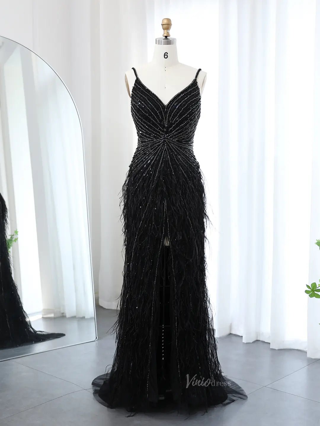 Sheath Feather Prom Dresses with Slit Beaded 20s Evening Dresses FD2477-Evening Dresses 2025 -Viniodress-Black-US 2-