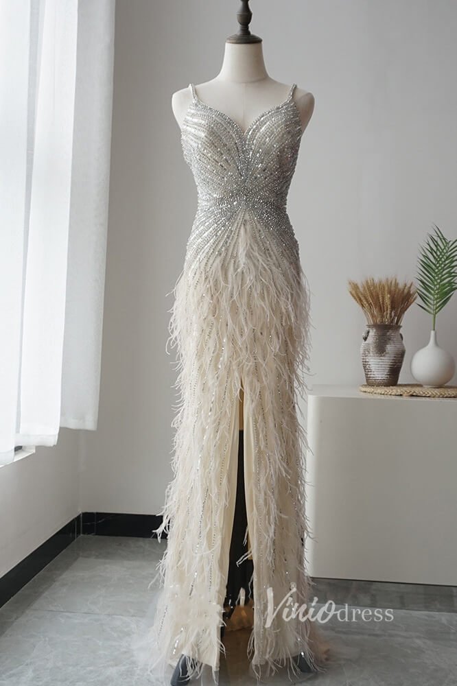 Sheath Feather Prom Dresses with Slit Beaded 20s Evening Dresses FD2477-Evening Dresses 2025 -Viniodress-Champagne-US 2-